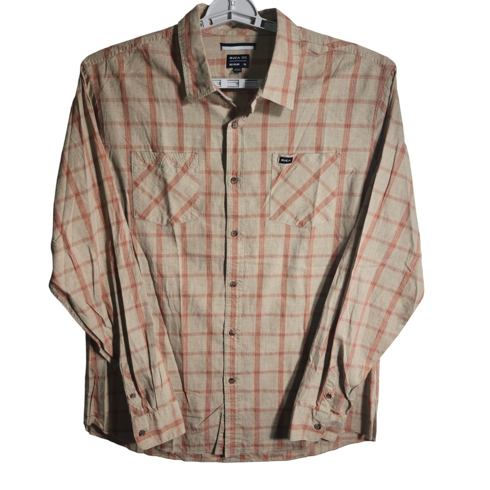 RVCA XL Beige and Red Plaid‎ Long Sleeve Button Up Casual Shirt